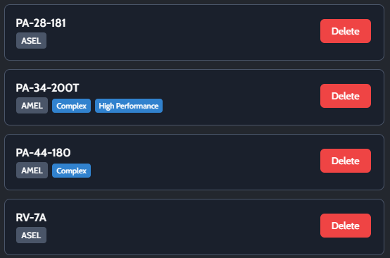 Personal aircraft list showing saved planes and simulators with category attributes